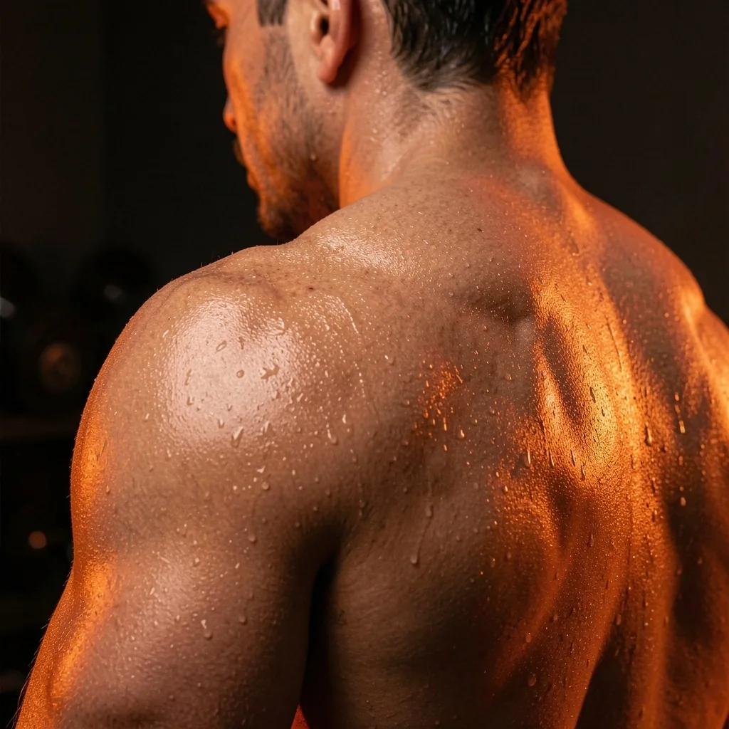 Muscular shoulder with perspiration in warm light