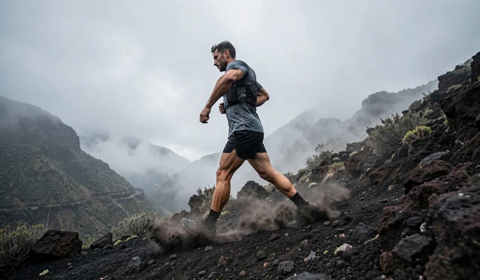 Male runner on a mountain trail at dawn