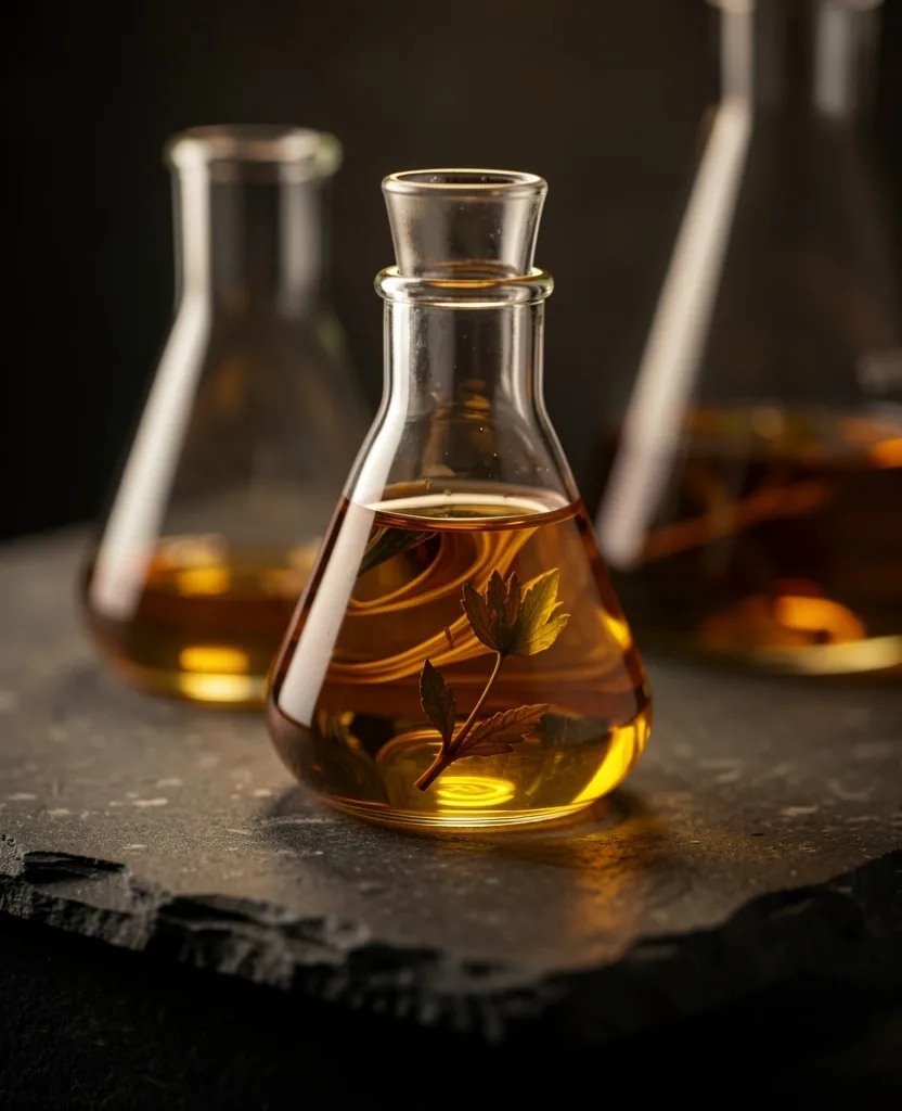 Laboratory beakers with amber botanical extracts