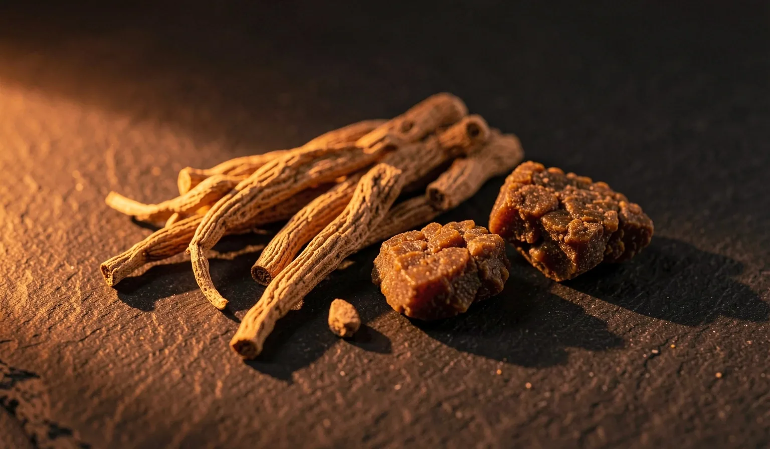 Botanical and mineral supplement ingredients on dark surface