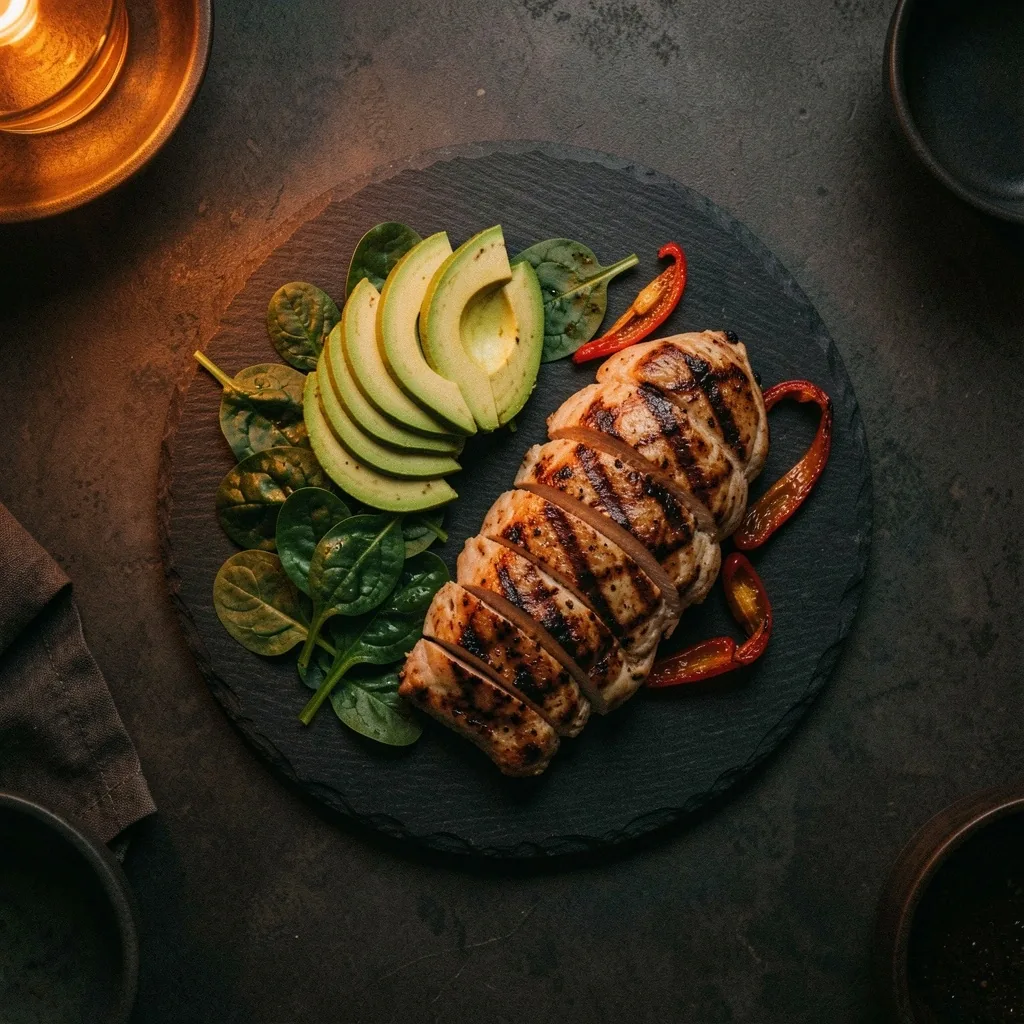 Balanced nutrient-dense meal on a dark plate